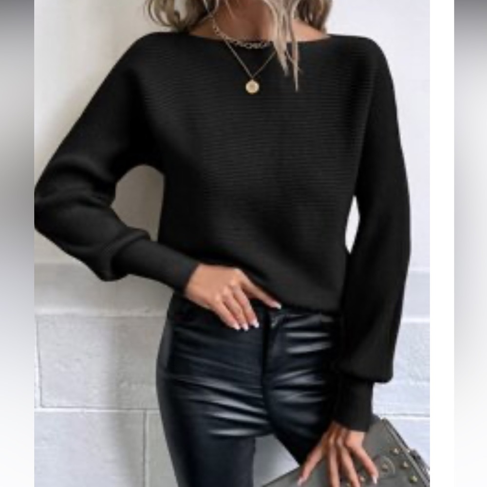 NWT Black Dollman Sleeve Boat Neck Ribbed Knit Sweater Small